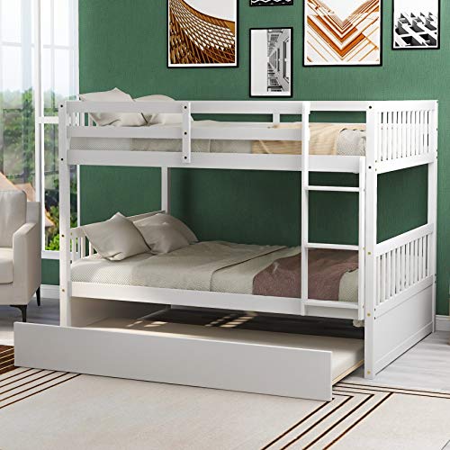 Bunk Bed, Harper&Bright Designs Solid Wood Full Over Full Size Beds Frame with Ladder Stairs, Safety Guard Rail and Twin Size Trundle, No Box Spring Needed, for Kids Toddlers Boys Girls Bedroom, White