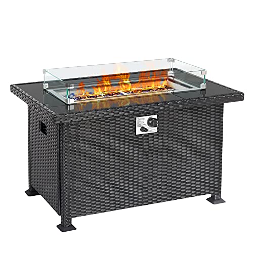 WACASA 43in Outdoor Fire Pit Table, 50,000 BTU Auto-Ignition Propane Gas Firepit with H Style Burner,Glass Wind Guard,Tempered Glass Tabletop and Lid,Blue Glass Rock and Cover (Black)