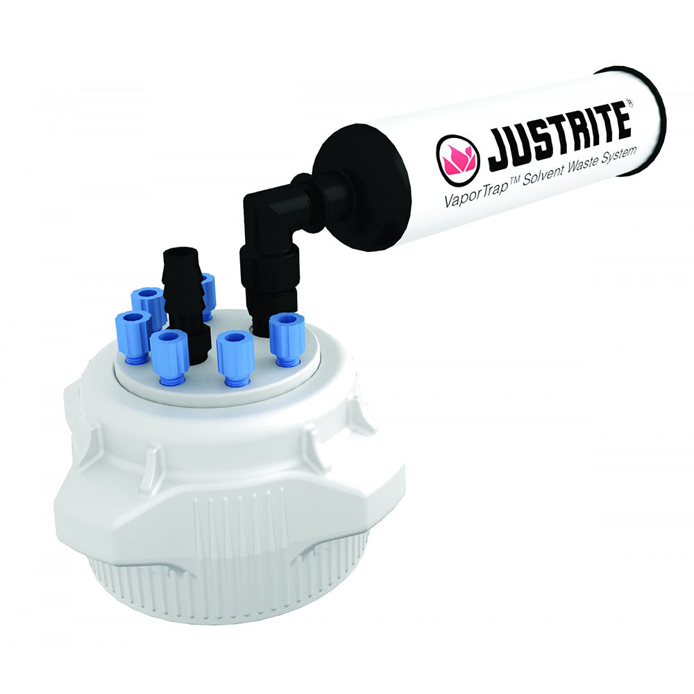 Justrite VaporTrap™ Cap with Filter Kit, 83mm Cap, 6 Ports 1/8” OD Tubing, 1 Port Hose Barb