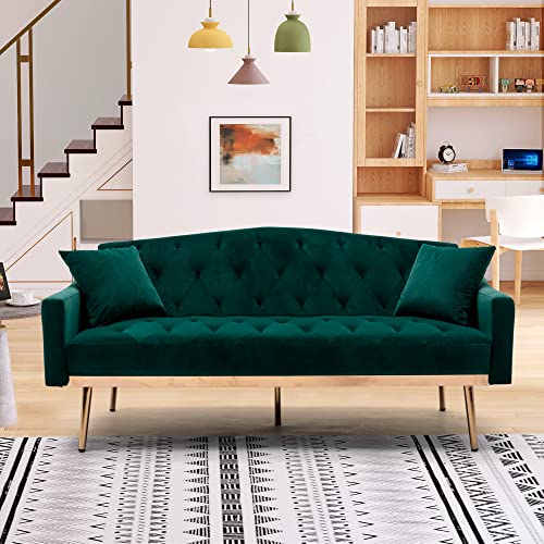 Velvet Sofa, Accent Couch Loveseat Sleeper Bed Tufted Sofa with Rose Gold Metal Feet with 2 Pillows for Living Room, Bedroom, Small Space (Green)