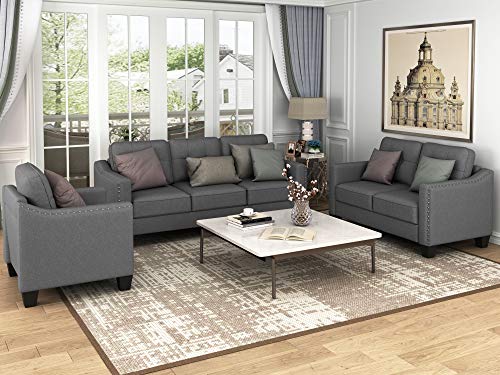 Harper & Bright Designs 3 Pieces Living Room Sets, Couch Set for Living Room with Sofa Loveseat and Armchair (Nail Trim - Grey)