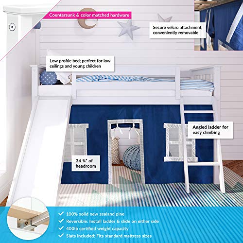 Max & Lily Twin Low Loft Bed with Slide and Blue Curtains, White