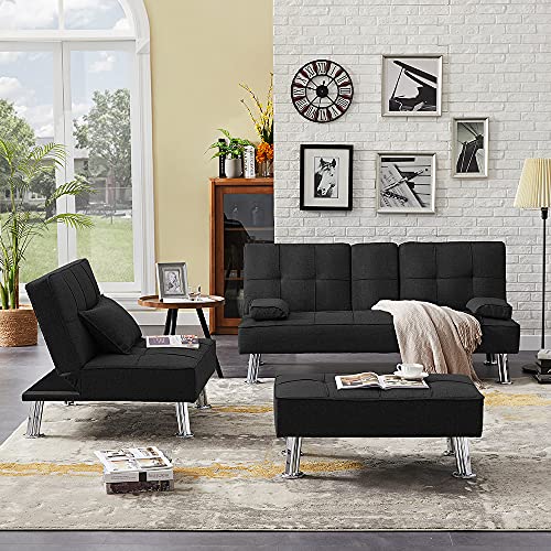 Polibi 3-Piece Black Fabric Sofa Couch Set, Convertible Folding Sofa Bed with Two Cup Holders, Single Sofa Bed with Ottoman, Removable Armrest and Metal Legs