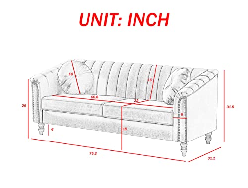 HomSof Modern Velvet Upholstered Couch, 3 Seat Tufted Back with Nail Arms, Solid Wood Legs, Sleeper Sofa, Compact Living Space, Apartment, Bonus Room, Loveseat, Grey