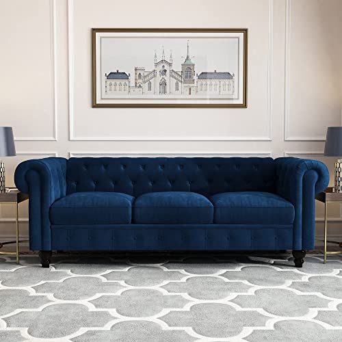 Yoglad Sofa with Rolled Arm, Furniture with Velvet/Faux Leather, 3 Seater Couch with Wooden Frame, for Living Room, Bedroom or Apartment (Blue)