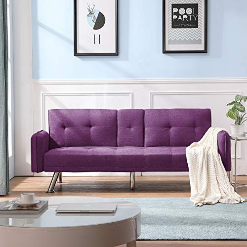 K.Nice 74' Polyester Fabric Sofa Bed Modern Couch with 2 Cup Holders Sleeper Reversible Loveseat 3 Adjustable Angles and Removable Armrests Convertible Daybed (Purple) (RE003)