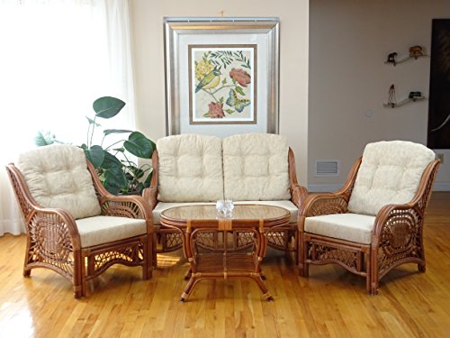 Lounge Malibu Loveseat Sofa ECO Natural Rattan Wicker Handmade Design with Cream Cushions, Cream