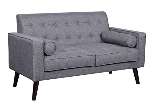 Container Furniture Direct Valadez Linen Upholstered Tufted Mid-Century Modern Loveseat with Bolsters, Light Grey