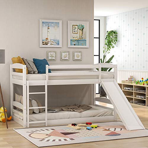 Bunk beds with Slide Bunk Bed Twin Over Twin for Kids and Toddlers,Low bunk beds with Stairs ,Wood Bunk Beds ,No Box Spring Needed (White Bunk with Slide)