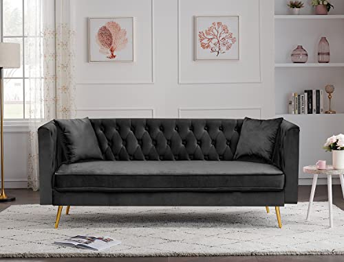 77-inch Velvet Modern Sofa Couch, Tufted Couch with Button Decoration, Upholstered Living Room Sofa with Golden Metal Legs, Black