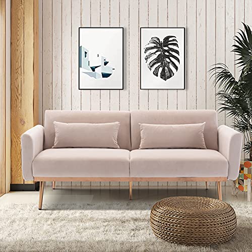 Takefuns Velvet Sofa Couch, Mid Century Modern Sofa Bed, Convertible Futon Sleeper Sofa with Golden Metal Legs, Loveseat Recliner Couch for Living Room Bedroom, Beige
