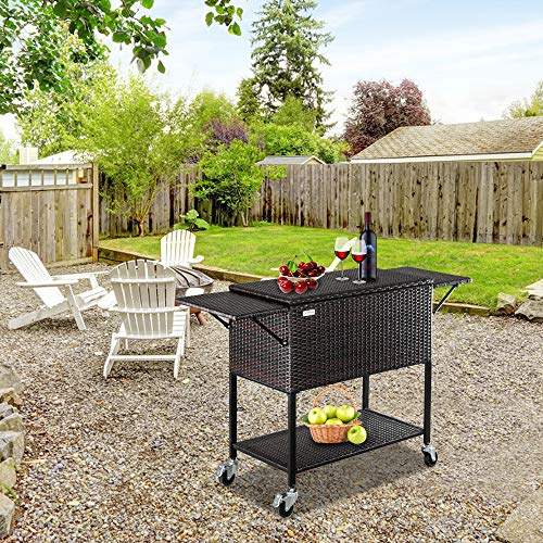 VINGLI 80 Quart Rattan Rolling Cart, Portable Wicker Cooler Trolley, Beverage Bar for Patio Pool Party, Ice Chest with Shelf,Mix Brown