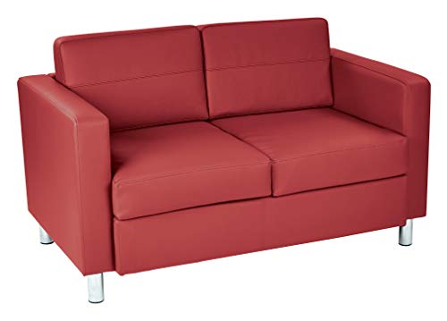 Office Star Pacific Loveseat with Padded Box Spring Seats and Silver Metal Legs, Dillon Lipstick Faux Leather