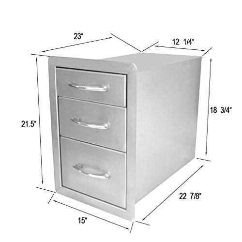 Stanbroil Outdoor Kitchen Stainless Steel Triple Access Drawer, 15”w x 21.5”h x 23” Depth