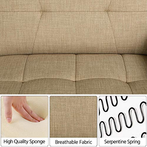 Topeakmart Sofa Couch Bed Daybed Foldable Futon Couch Sets Recliner Sofa Sleeper Living Room Home Office Furniture Linen Fabric Metal Legs 3 Angles Adjustable Khaki
