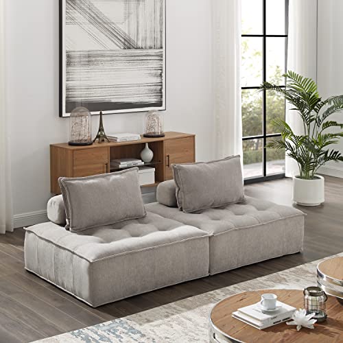 Fat Ant Fabric Upholstered Sectional Sofa Cube Accent Seat, Mid Century Modern Square Modular Sectional Sofa Couch with Two Removable Non-Slip Pillows, Living Room Sofa Set, Beige, 1 Pcs