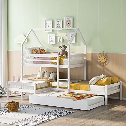 Triple Bed Bunk Bed with Trundle, Wood House Bed with Twin Size, L-Shaped Bunk Beds Twin Over Twin Over Twin with Ladder for Four Kids Teens, Corner Bunk Beds White