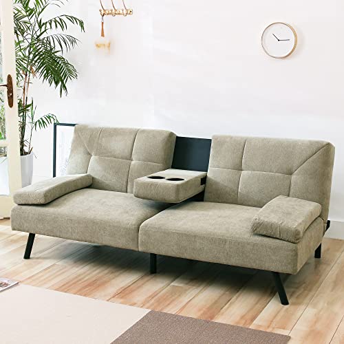 Modern Futon Sofa Bed, Convertible Sleeper Couch Daybed with 2 Cup Holders Removable Memory Foam Armrest, Folding Sofa for Compact Living Space, Apartment, Office, Living Room(Sage Grey)