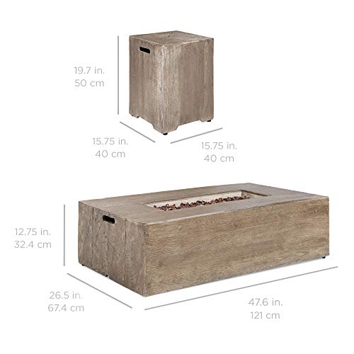 Best Choice Products 48x27-inch 50,000 BTU Outdoor Patio Rustic Farmhouse Wood Finish Propane Fire Pit Table and Gas Tank Storage Side Table w/Weather-Resistant Pit Cover, Glass Rocks - Brown