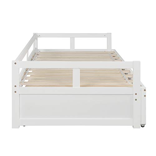 Daybed with Trundle , Twin to King Design Sofa Bed, Wooden Extendable Bed Daybed for Bedroom Living Room, White