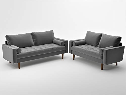 US Pride Furniture NS5457-2PC Caladeron Mid-Century Modern 2-Pic Living Room Set in Soft Velvet, Grey