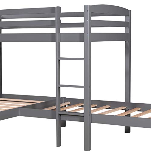 Harper & Bright Designs Twin Over Twin 3 Bed Bunk Beds, L-Shaped Bunk Bed with Ladder & Guardrail,Wood Triple Bunk Beds for Kids, Corner Bunk Beds,Gray