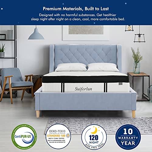 Suiforlun 14 Inch Euro Top Gel Memory Foam and Innerspring Hybrid Mattress Queen, Sleep Cooler Bamboo Cover, Motion Isolation Pocket Spring, Targeted Support, CertiPUR-US, 120 Nights Trial, Queen