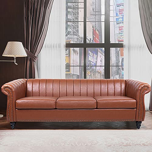 MIYZEAL Chesterfield Sofa Leather, Modern Upholstered Tufted Couch with Channel Back, Classic Scroll Arms Settee Living Room, 3 Seater Couch Furniture for Office (Brown)