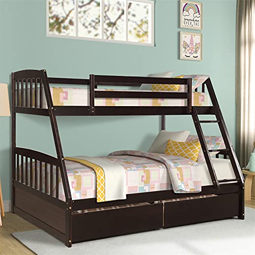 Harper & Bright Designs Twin Over Full Bunk Beds , Twin Over Full Bunk Bed with Drawers, Wood Bunk Beds for Kids, Teens, Adults, Bunk Bed Convertible to 2 Separated Beds , Espresso