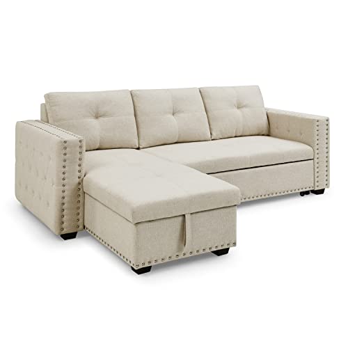 MOEO Reversible Sectional Sleeper Sofa with Storage Chaise & Pulled Out Bed, 91