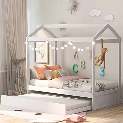Harper & Bright Designs House Bed Daybed with Trundle, Twin Size House Bed Frame and Roof, Twin Trundle Daybed for Kids, No Box Spring Needed