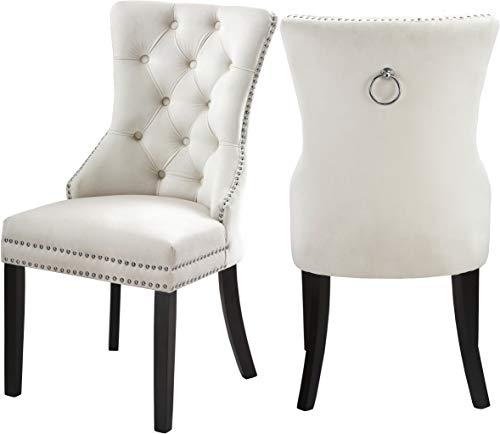 Meridian Furniture Nikki Collection Modern | Contemporary Velvet Upholstered Dining Chair with Wood Legs, Button Tufting, and Chrome Nailhead Trim, Set of 2, 23