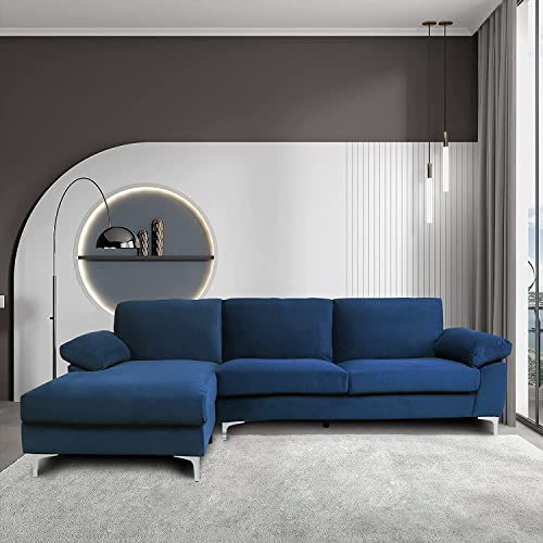 GAOPAN L-Shaped Corner Couch Velvet Sectional Sofa with Left Chaise Lounge and Metal Leg Support for Living Room Furniture Set, Blue