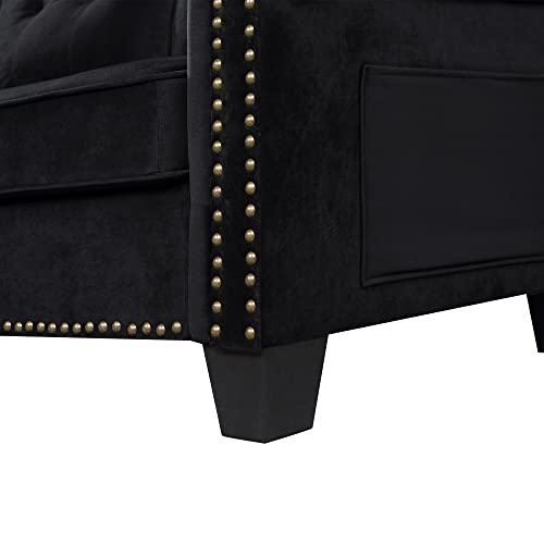 kupet Modern Upholstered Sectional Couches for Living Room with Movable Storage Ottoman and Side Pockets, Black L-Shaped Sofa Set with Scrolled Arm and Nailhead Trim, Velvet Fabric