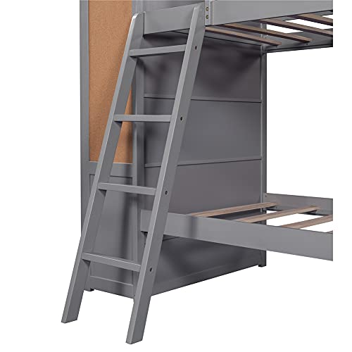 Bunk Bed with Bookcase and Storage Drawers, Twin-Over-Twin Multi-Functional Bed for Kids, Bed Frame with Inclined Ladder and Full-Length Guardrails (Gray)