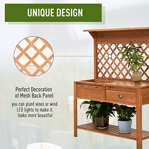 Outsunny 48'' Garden Wooden Potting Bench Table w/Metal Screen, Draining Area, Side Hooks, Drawer, Open Upper/Lower Shelf