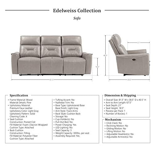 Lexicon Edelweiss Power Double Reclining Sofa, Light Gray