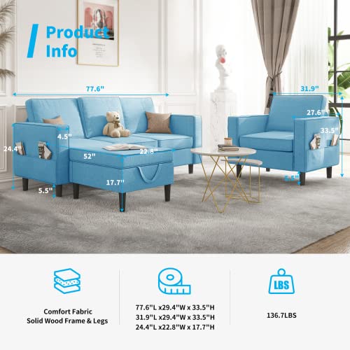 Mjkone Convertible Sectional Sofa Couch with Storage Ottoman, 3 Pcs Couch Set with Storage Pockets, Sectional Couches for Living Room, 3-Seater + Ottoman+ 1-Seater (Light Blue)