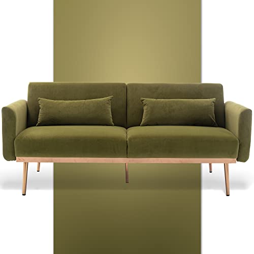 Velvet Love Seat Sofa Bed Couch for Living Room Bedroom Office Modern Loveseat Sleeper Twin Mid Century Pull Out for Small Spaces Convertible Modular Sectional Chesterfield Daybed (Green)