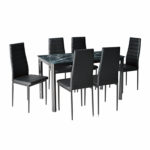 IDS Online 7 Pieces Home Dining Kitchen Furniture Set, with with Faux Marble Glass Top Metal Leg and Frame, Black,