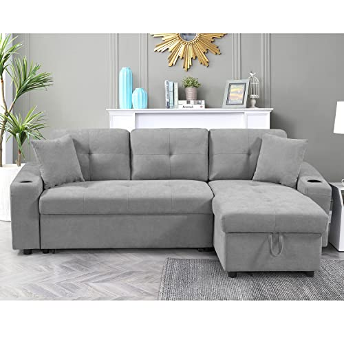 STARTOGOO Modern Linen L-Shape Sectional Sleeper Sofa Convertible Couch Bed with Storage Chaise Lounge,Side Pockets,Cup Holders,2 Pillows for Living Room Apartment Furniture, Light Gray