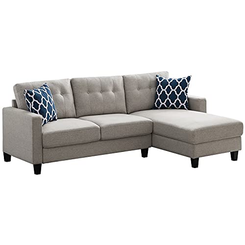 Devion Furniture Button Tufted Back Linen Fabric Sectional Sofa with Toss Pillow Included in Light Gray