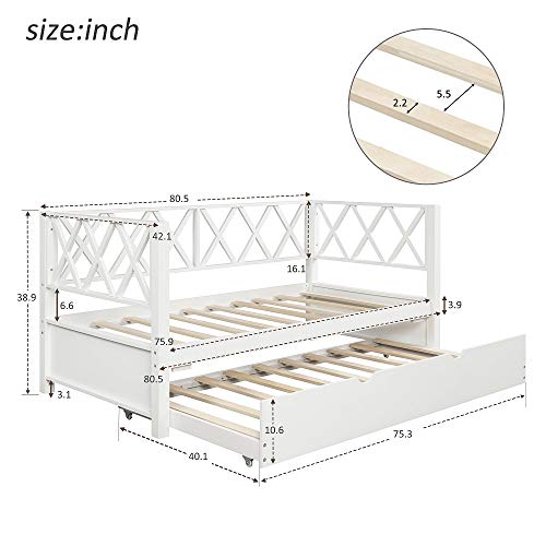 Wood Daybed with a Trundle, Trundle Daybed Twin Size, Standard Twin Bed Frame, No Box Spring Required (White Daybed with a Trundle)