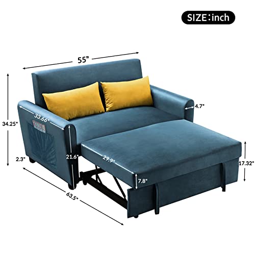 WDDH 55'' Convertible Chair Bed 3-in-1, Twin Size Pull Out Sleeper Chair with 2 Lumbar Pillows, Adjustable Backrest Loveseat Sofa Couch(2 Big Side Pocket), Velvet Sleeper Couch Bed for Living Room
