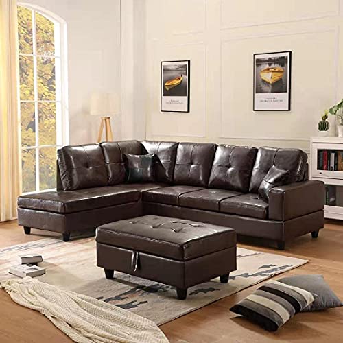 GAOJUCHUANG Faux Leather Sectional Sofa, Tufted Cushions for Home Living Room Furniture Set, Modern L-Shape Sofá PU Corner Couch W/Left Chaise Lounge & Storage Ottoman, Easy to Assemble (Brown)