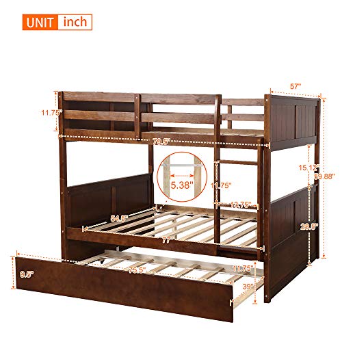 Full Over Full Bunk Bed, Rockjame Solid Wood Bunk Beds with Trundle, Space Saving Design Bedroom Furniture with Ladder and Safety Rail for Boys, Girls, Kids, Teens and Adults (Walnut)