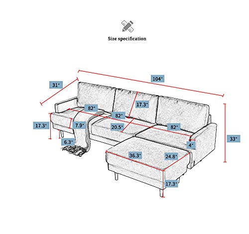Dark Gray Fabric Sofa with Convertible Ottoman,JULYFOX L-Shaped 3-seat Corner Couch with Reversible Chaise Lounger Polyester Fabric for Living Room Office Club Small Spaces
