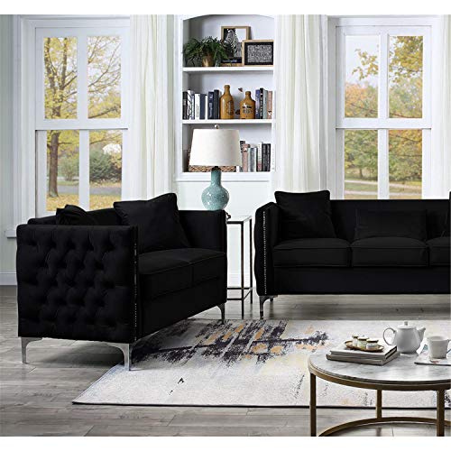 Lilola Home Bayberry Black Velvet Loveseat with 2 Pillows