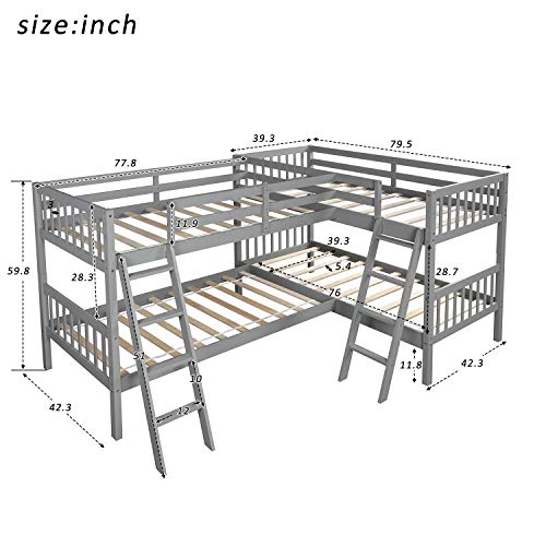 L-Shaped Twin Size Bunk Bed and Loft Bed, Solid Wood Twin Bunk Bed Loft Bed with Guardrail and Two Ladders for 4 Person (Grey)