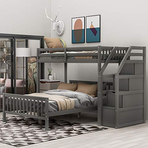 Twin Over Full Loft Beds, Bunk Beds Twin Over Full with Stairway and Storage, Full-Length Guardrail, No Box Spring Needed (Grey Twin Over Full Bun Beds)